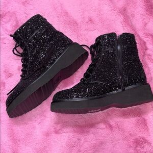 Michael Michael Kors Black Glitter Sparkle Textured Lace-Up Side Zip Boots